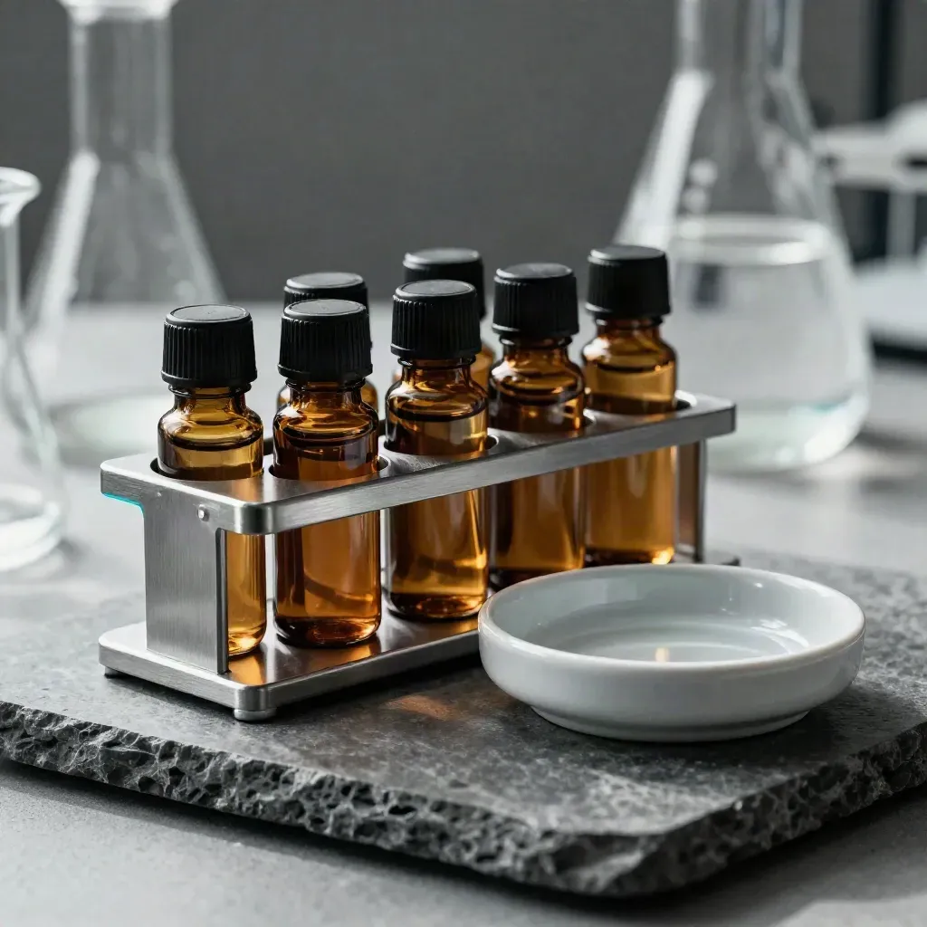 Amber vials, aluminium pipette stand and sealed caps on stone with a cyan glint