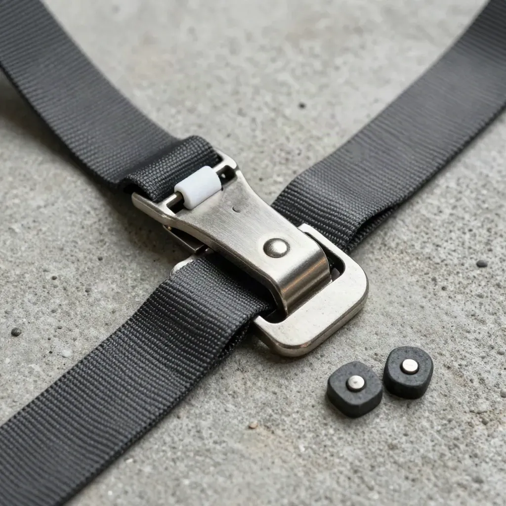 Cargo strap hardware arranged on brushed concrete in a tense top-down editorial flatlay.