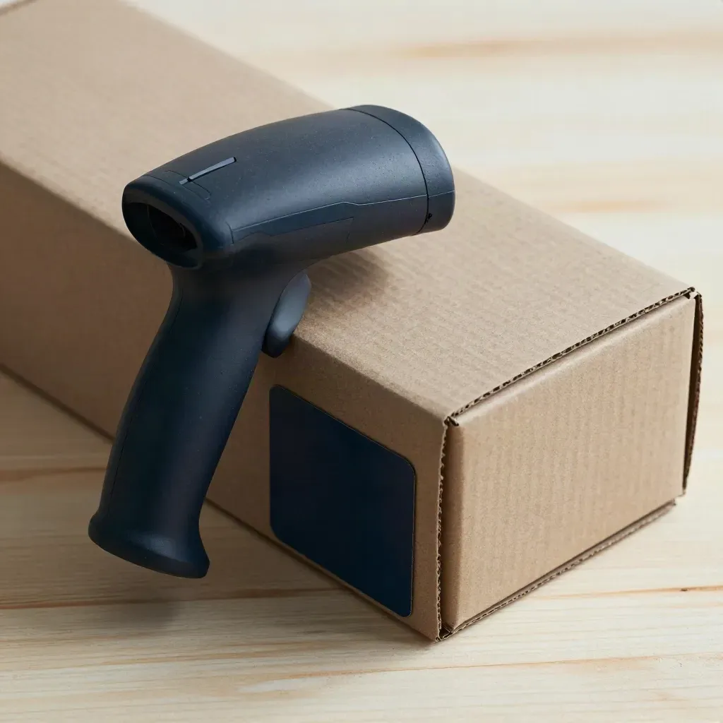 Scanner cradle beside cartons and folded packing paper on pale wood, top-down close crop.