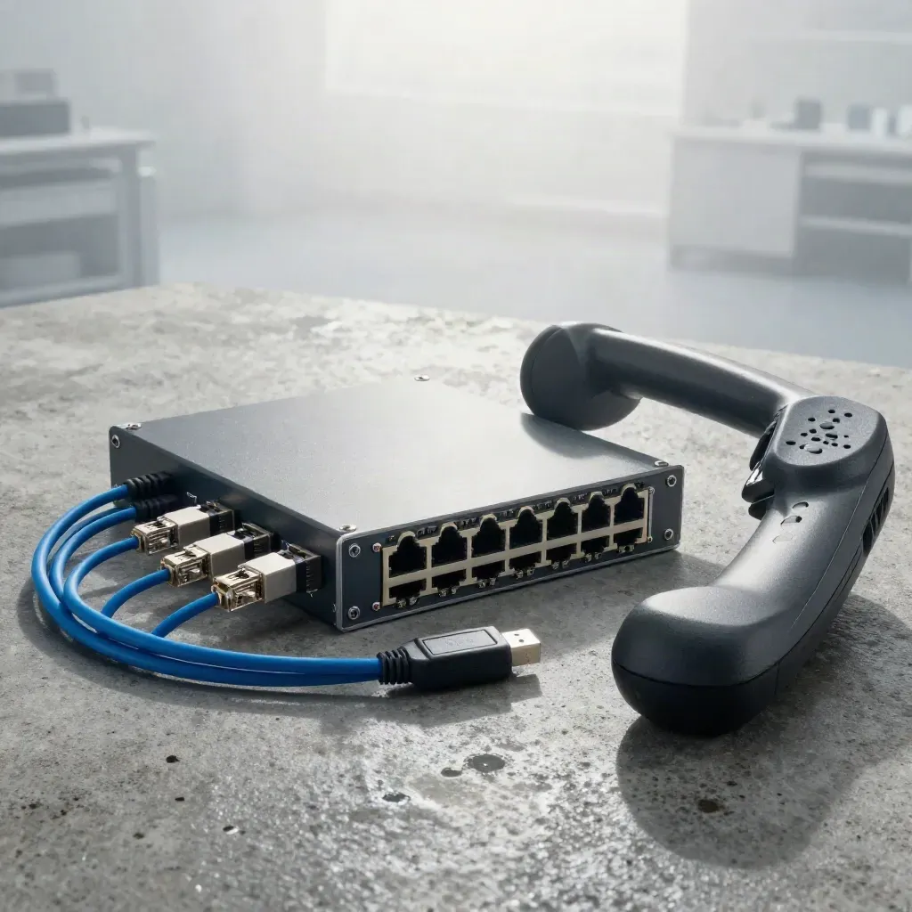 Network test hardware cluster on concrete with cables, switch module, transceivers and handset.