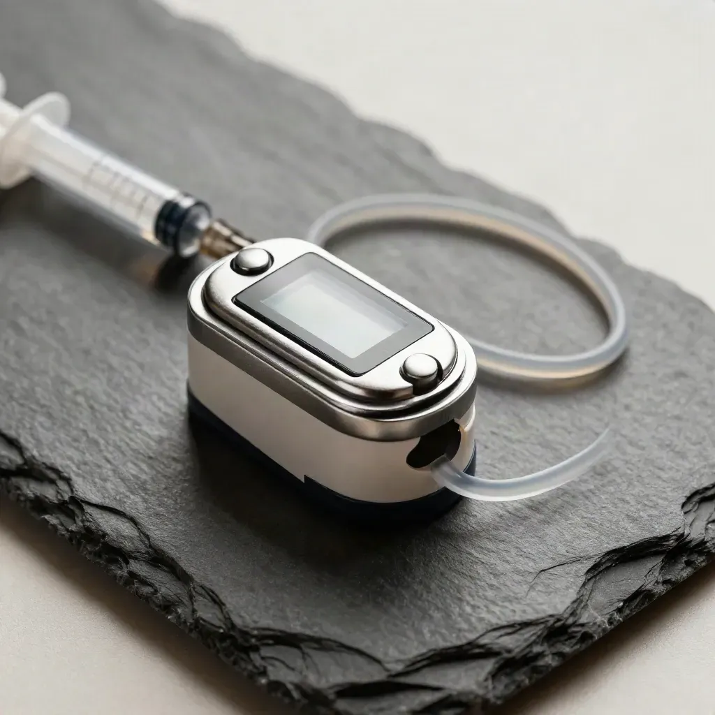 Pulse-ox clip, syringe tray and silicone tube on slate in a clinical macro still life.