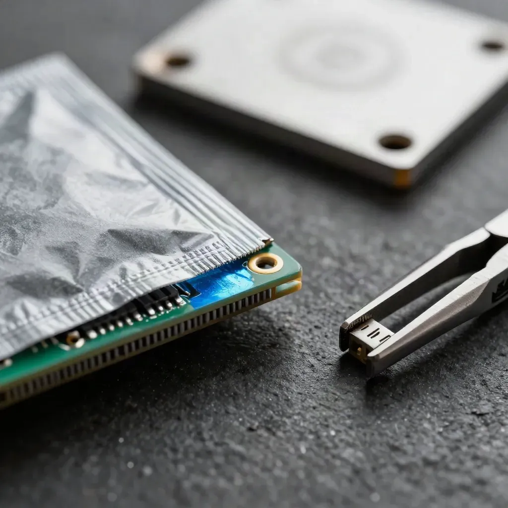 Macro PCB edge, anti-static pouch, tweezers and connector tray on dark stone.
