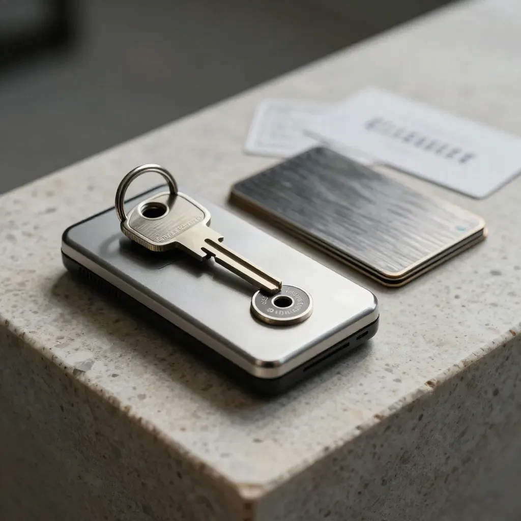 Metal card reader kit with security key and token puck on travertine stone, lit dramatically.