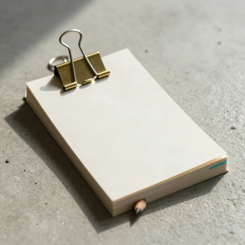 Blank index cards with brass clips and a pencil stub on pale concrete, seen in macro.