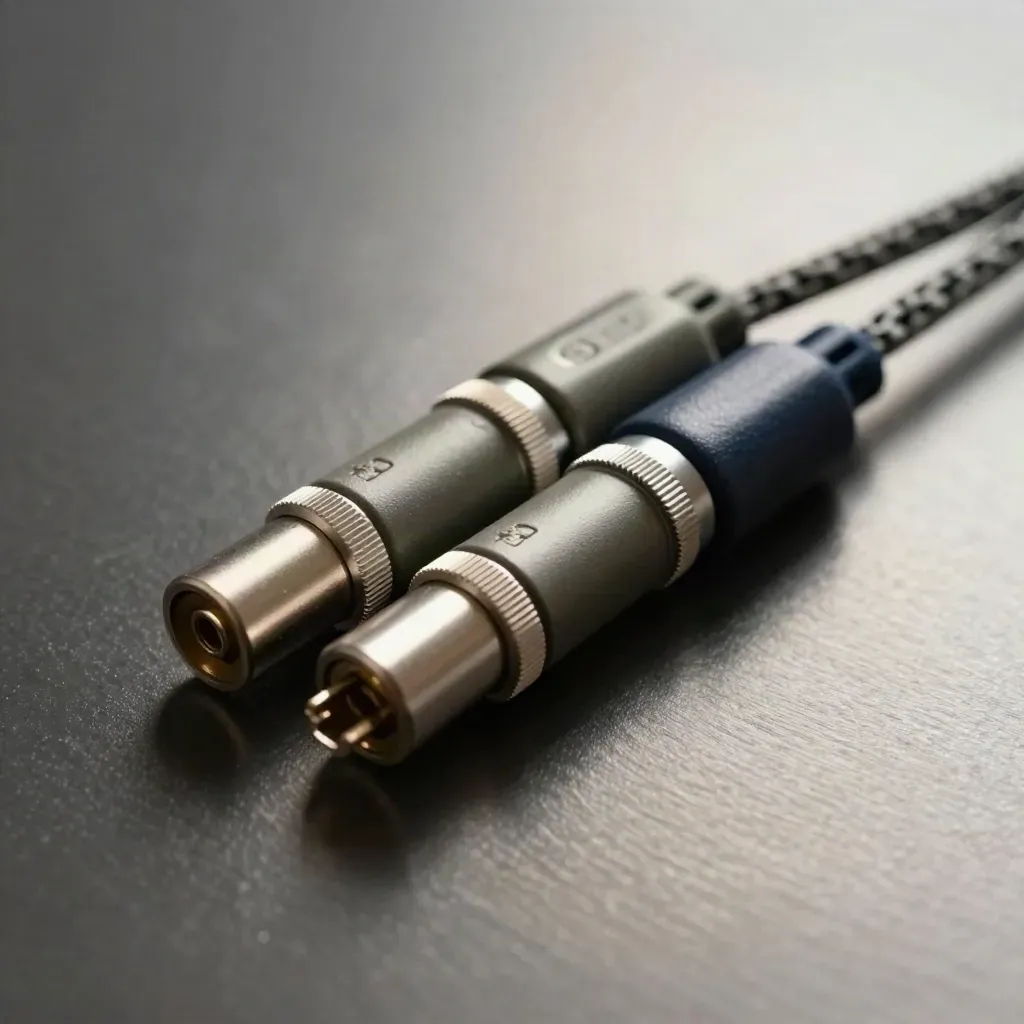 Relay module, adapter pair and braided cable on brushed metal in dramatic studio light.