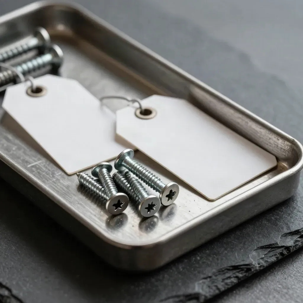 Macro of steel parts tray, blank edge tags and precision screws on dark slate, lit from upper left.