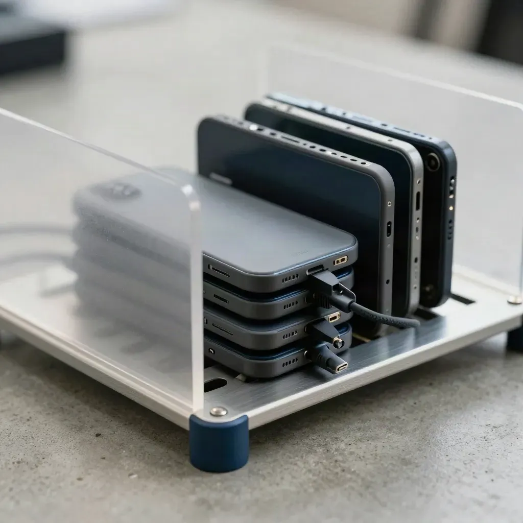 Face-down test phones, rack rail, cable loom and frosted divider on cool concrete.