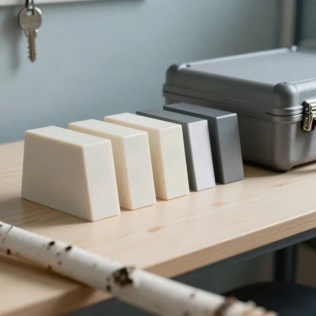 Prototype enclosures and latching foam case on pale wood in a quiet QA lab still life.