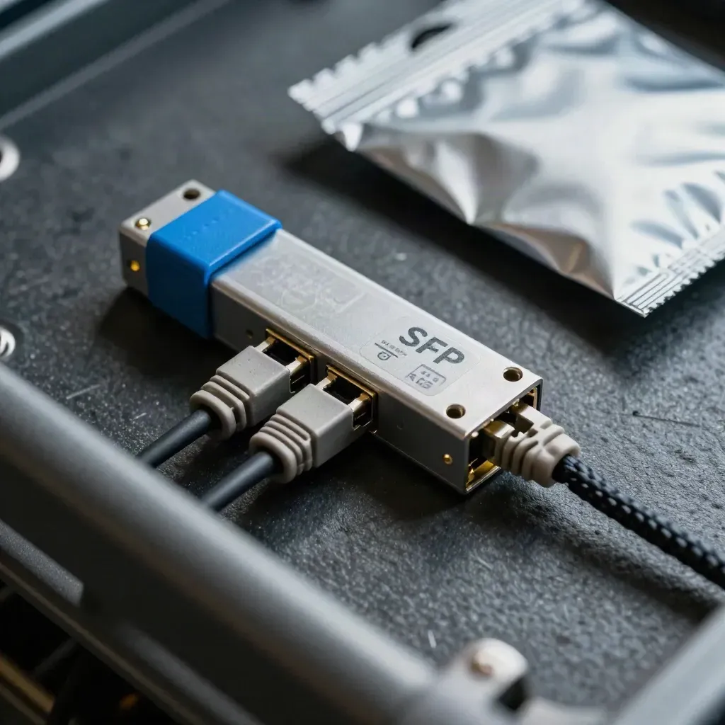 Network modules, loopback plug, anti-static pouch and braided lead on dark stone