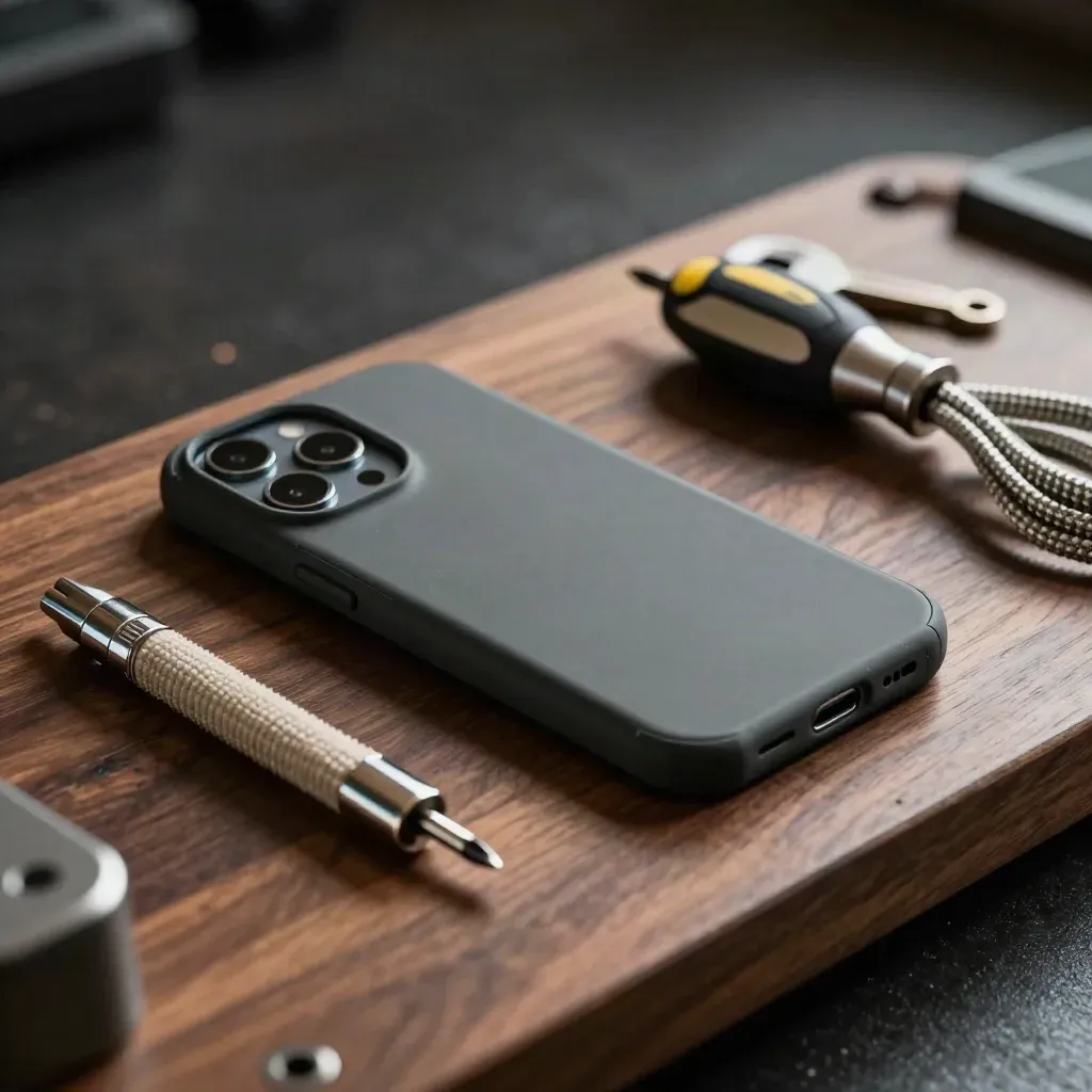 Face-down rugged test phone with screwdriver set and braided cable on a dark walnut tray
