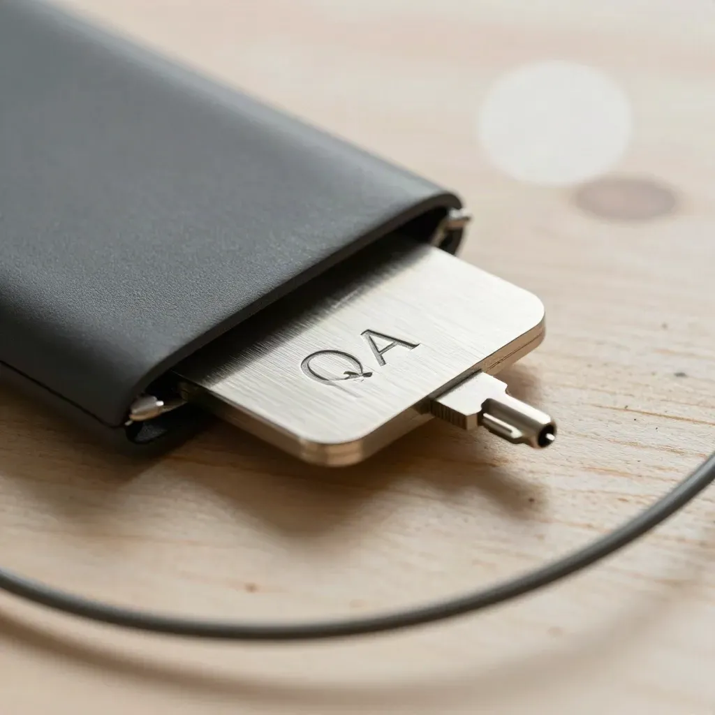 Macro of a metal QA key card, anti-static pouch and probe tips on pale wood with cable blur.