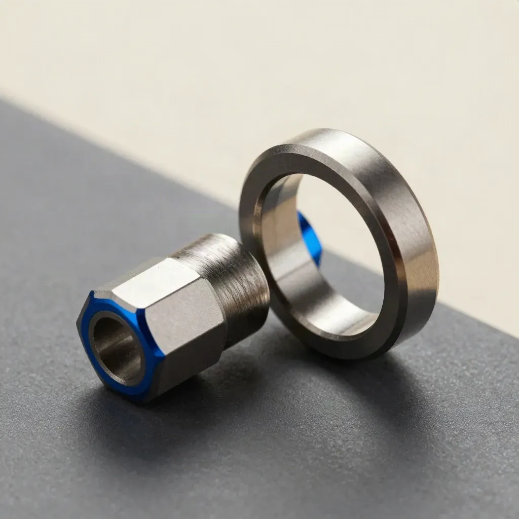 Linked metal connectors, coupling and modular blocks on graphite, seen from above.