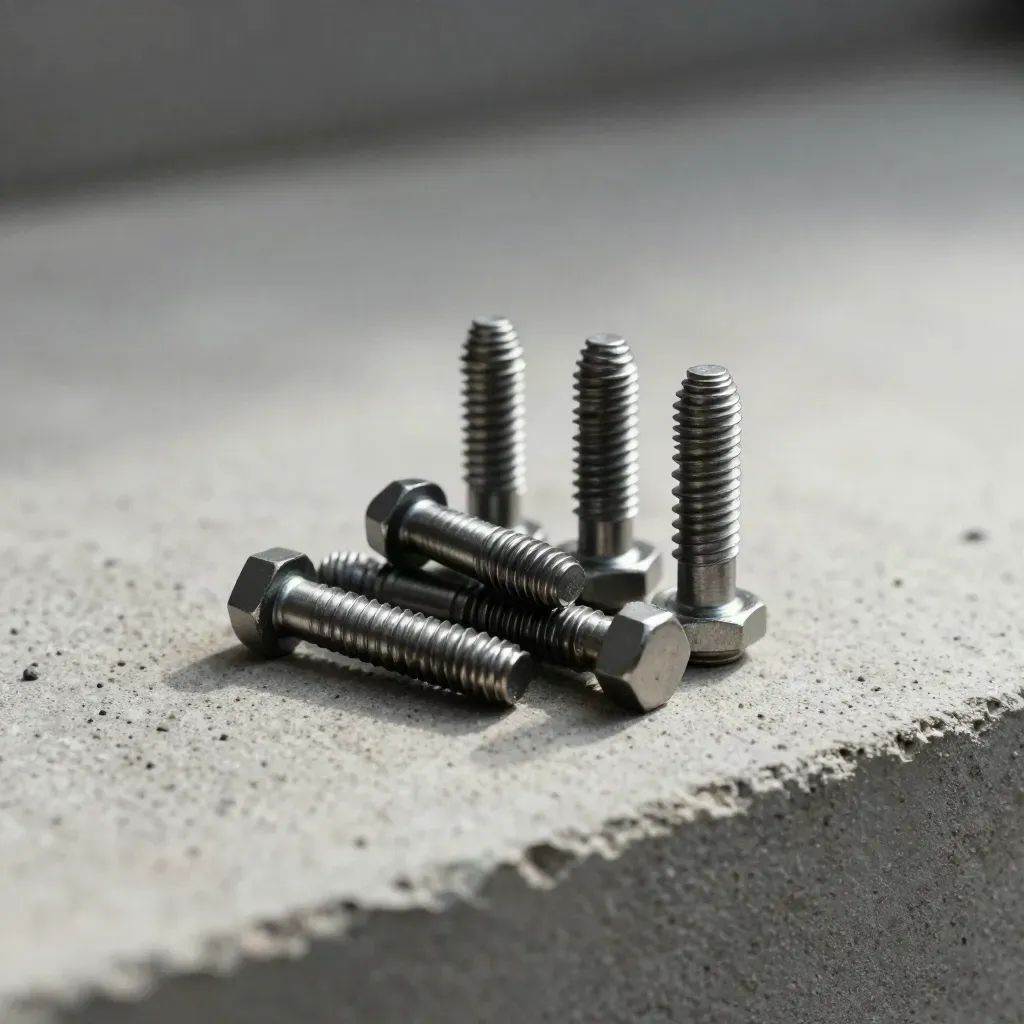 Precision fasteners, folding bracket, and hex module on pale concrete in dramatic studio light