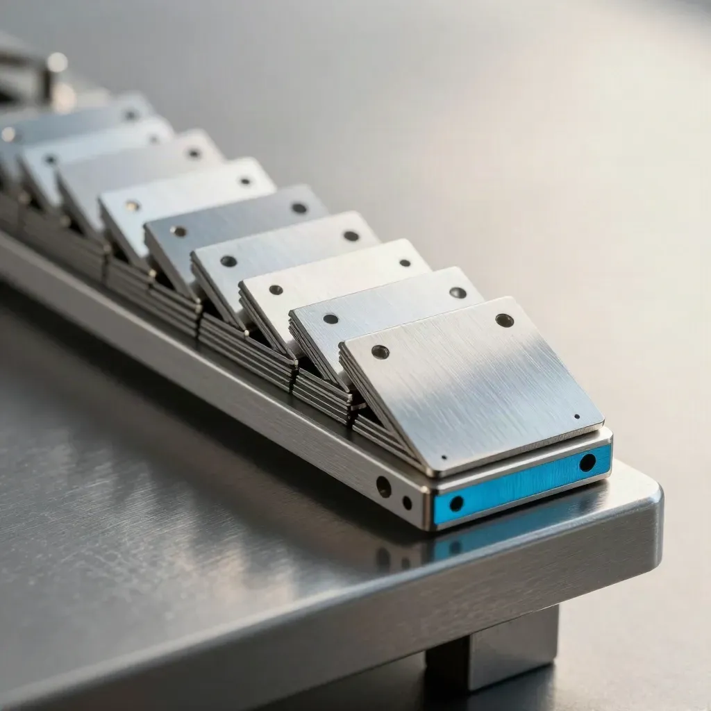 Macro of stacked aluminium tabs and alignment pins on brushed steel with a cyan glint.